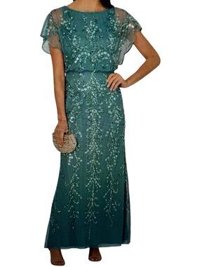 Adrianna Papell  Women's Beaded Blouson-Sleeve Gown 20 W Green Slate  NWT
